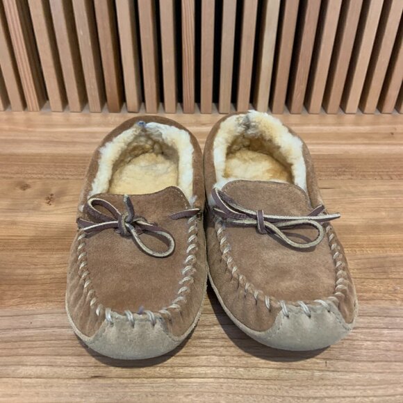 LL Bean Classic Moccasins Childrens Size 4 Suede Faux Fur With Suede Tie Cord - Picture 1 of 7
